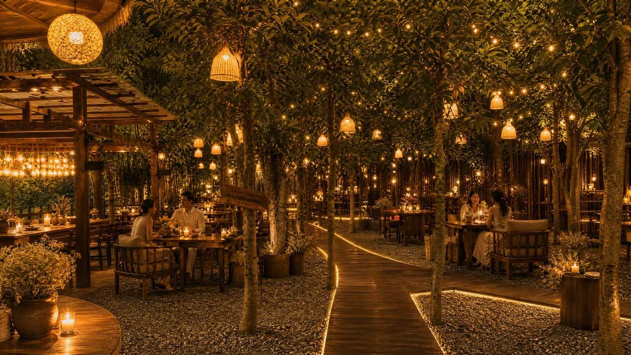 百花古咕谷的夜间步道与暖灯